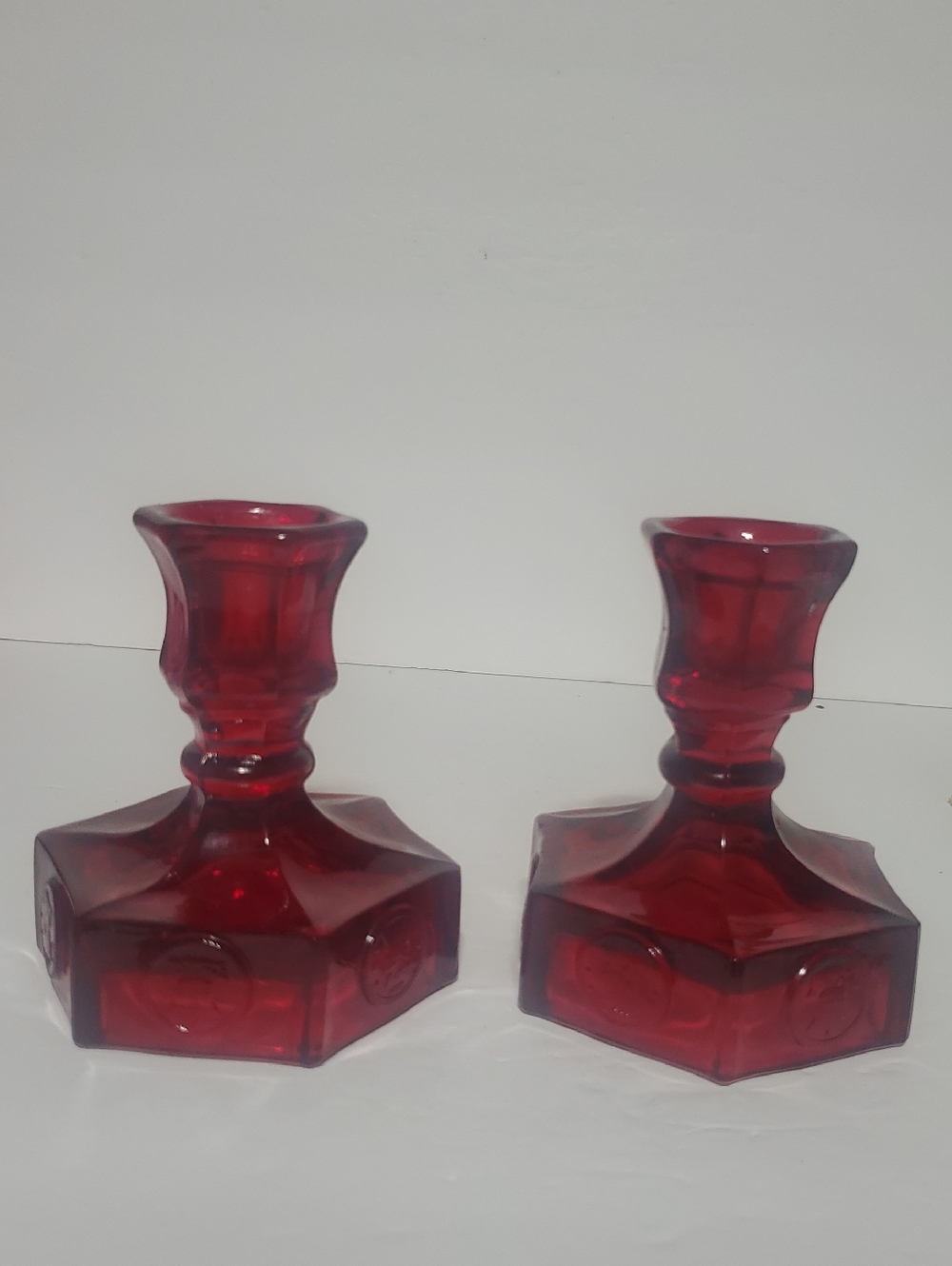 Vtg Fostoria Ruby Red Coin Glass Candle Holders-Pair